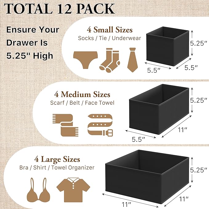 Simple Houseware Foldable Drawer Organizer for Clothes/Underwear/Panty/Onesie Stocking Bin, Set of 12, Black