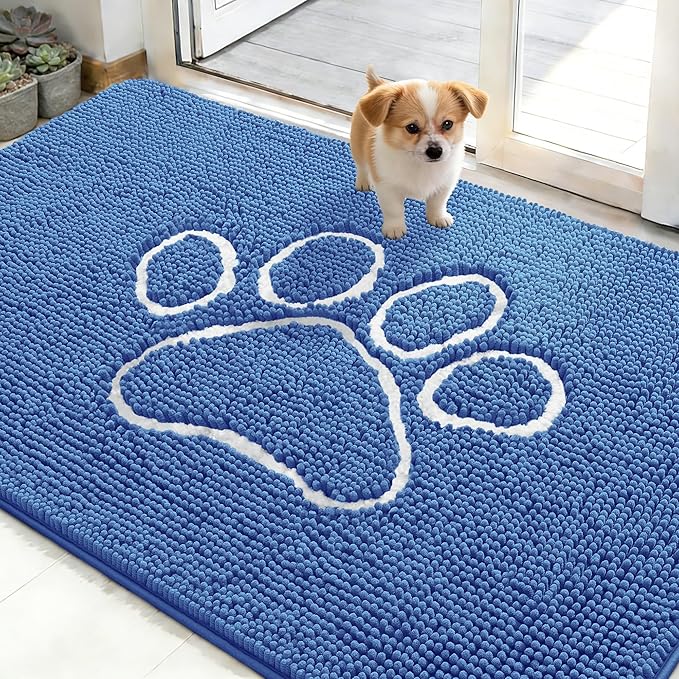 OLANLY Dog Door Mat for Muddy Paws 48x30, Paw Print Design, Absorbs Moisture and Dirt, Absorbent Non-Slip Washable Doormat, Quick Dry Chenille Mud Mat, Entry Indoor Entryway Carpet, Cornflower Blue