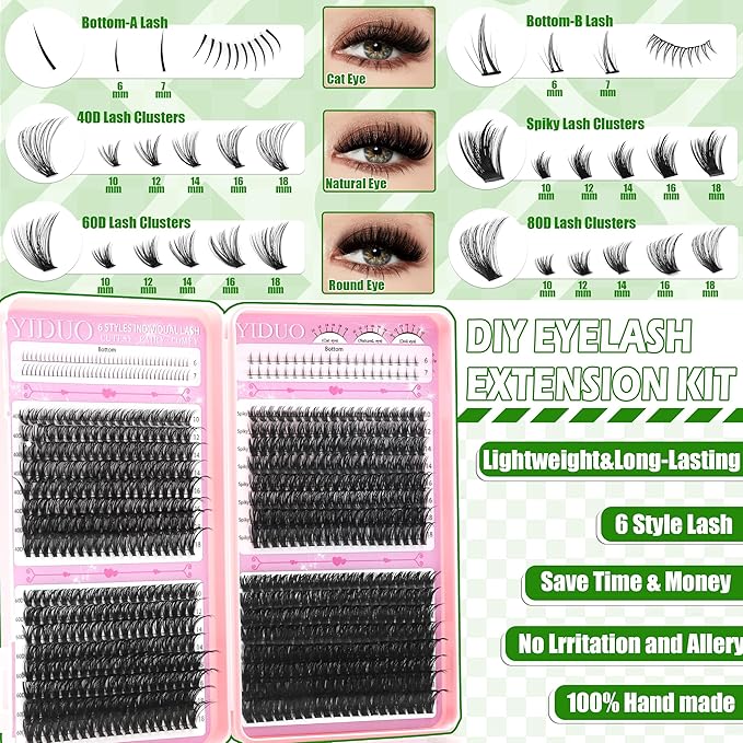 YIDUO 1846Pcs Lash Clusters Kit with Spikes+Bottom Cluster Lashes Kit Mix Styles 10-18mm Volume D Curly Wispy Soft DIY Individual Eyelash Extension Kit with Glue pestañas postizas Wholesale Large Pack