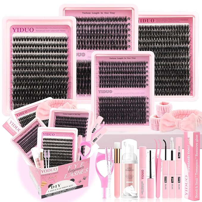 YIDUO 994Pcs Lash Clusters Kit Gift Packs 60D/80D/100D Volume 3D Clusters Lashes Extensions Kit 10-20mm D Curly Wispy Soft DIY Individual Eyelash Extension Kit 4 Box pestañas postizas Bulk Pack