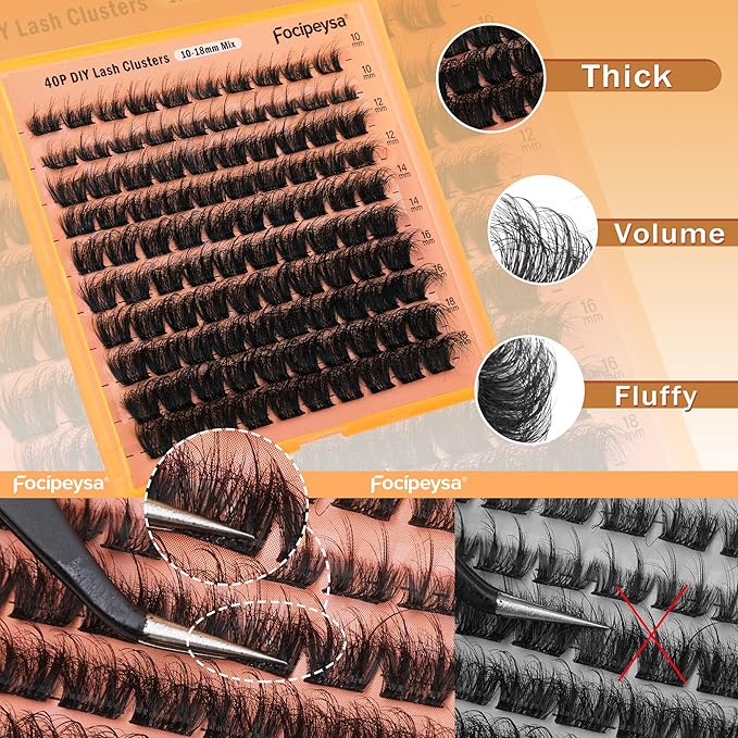 Focipeysa Thick Lash Extension Kit Full Volume Lash Clusters 40P Eyelash Extension Kit DIY Lash Extension Kit with Black Bond and Seal Glue, Lash Applicator DIY at Home for Beginner (40P 10-18MM)