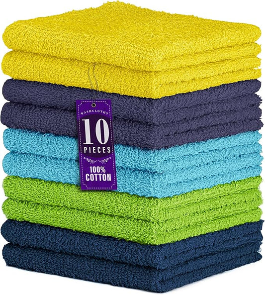 DecorRack 10 Pack 100% Cotton Wash Cloth, Luxurious Soft, 12 x 12 inch Ultra Absorbent, Machine Washable Washcloths, Assorted Set 3 (10 Pack)