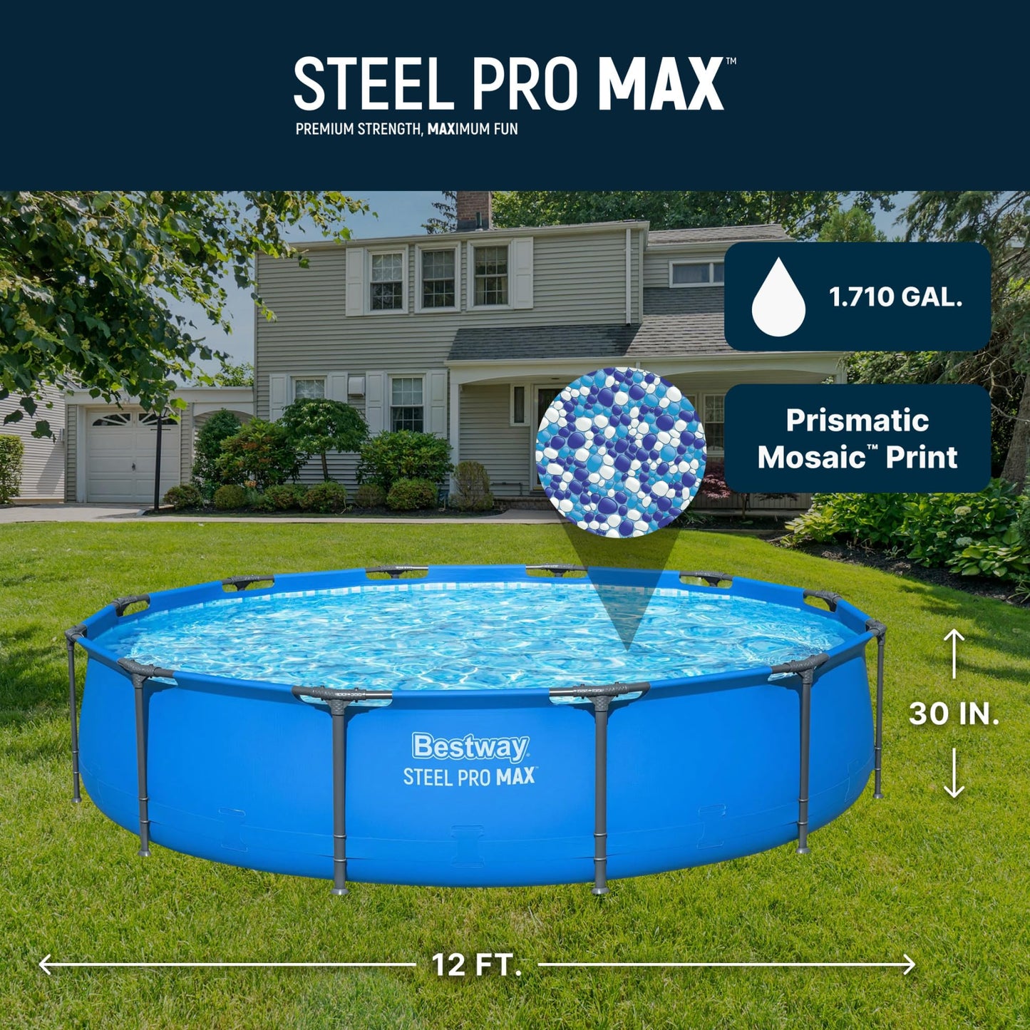 Bestway Steel Pro MAX 12’ x 30" Above Ground Pool, Round Metal Frame Outdoor Swimming Pool for Backyard, Blue, Pool ONLY