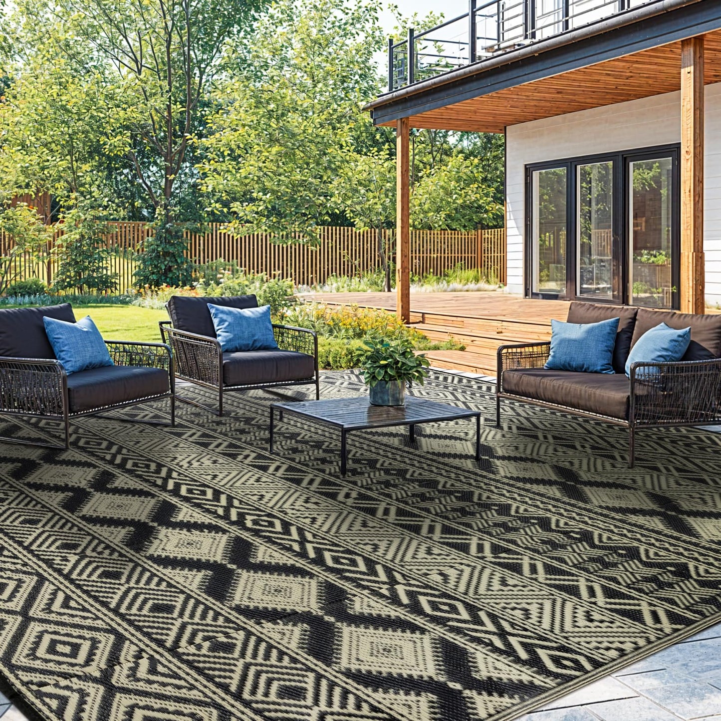 Waterproof Outdoor Rug 9x12 ft, Reversible Plastic Straw Patio Camping Rugs, Outdoor Indoor RV Mat Carpet for Patio, Outside Entry, Backyard, Deck, Bench, Picnic, Camper(9x12,Black&Beige)