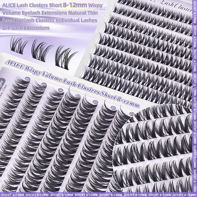 ALICE Short Lash Clusters 8-12mm Wispy Volume Eyelash Extensions Natural Thin Band Eyelash Clusters Individual Lashes DIY Lash Extensions