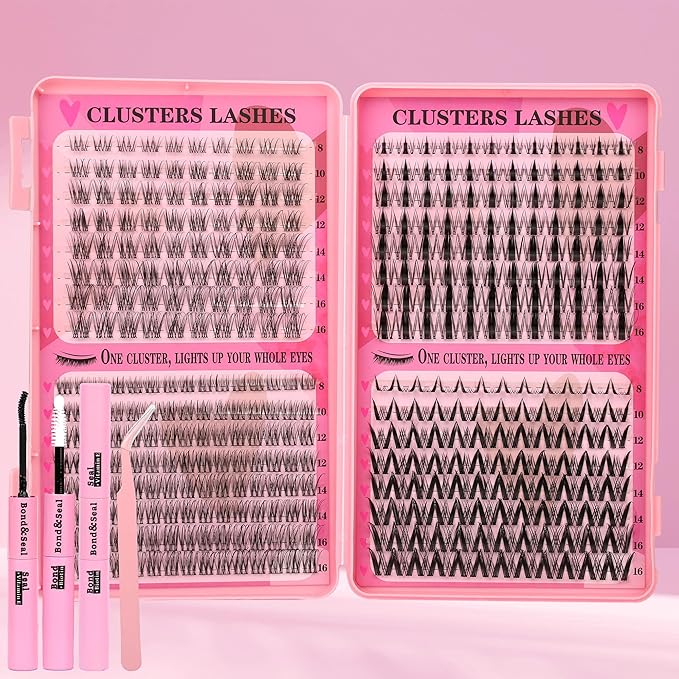 Wispy Lash Clusters Kit Natural Lashes Clusters Fairy Manga Lash Clusters Wet-Look Spiky Anime Lashes Pack 392 Pcs C/D Curl Individual Lashes Lash Bond and Seal Lash Tweezers