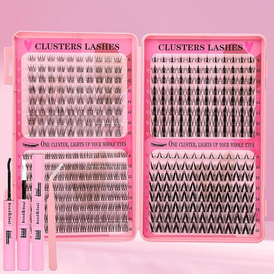 Wispy Lash Clusters Kit Natural Lashes Clusters Fairy Manga Lash Clusters Wet-Look Spiky Anime Lashes Pack 392 Pcs C/D Curl Individual Lashes Lash Bond and Seal Lash Tweezers