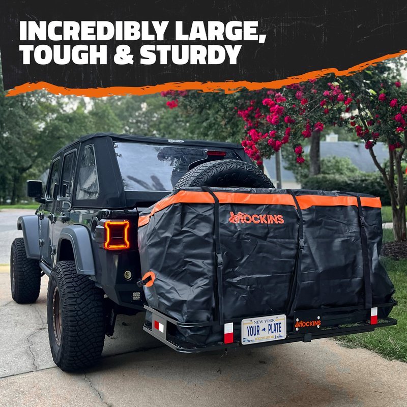 Mockins 60"x24"x6" Heavy Duty Trailer Hitch Cargo Carrier with 30 Cu Ft Waterproof Cargo Bag for Hitch Carrier & 6 Packing Cubes | 500 Lbs. Capacity Folding Luggage Rack for SUV, Car, Truck, & RV