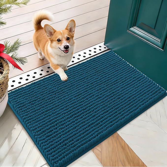 OLANLY Dog Door Mat for Muddy Paws 24x16, Ultra Absorbent Chenille Mud Doormat, Non-Slip Washable and Dirt Trapping Doormat for Indoor Entryway, Quick-Dry Indoor Pet Bed Mats for Dogs, Atlantic Blue