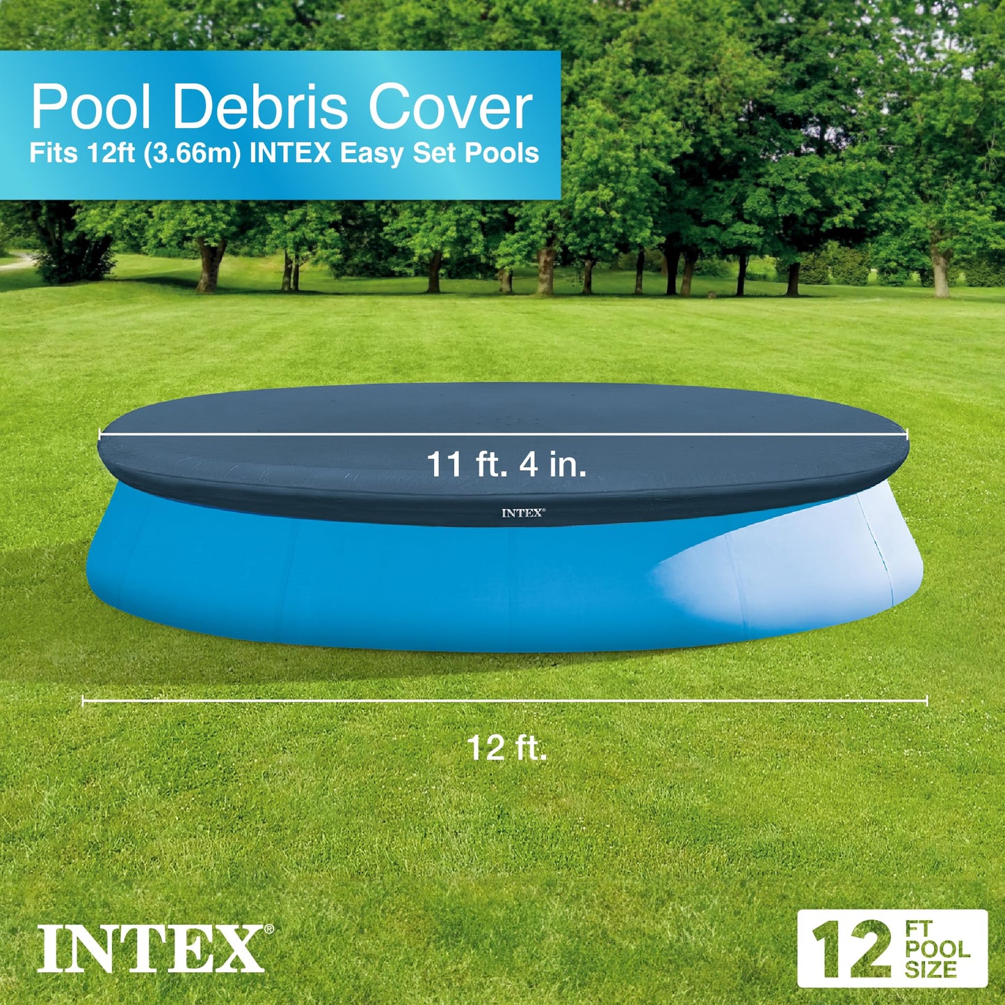 INTEX 28022E Pool Cover: For 12ft Round Easy Set Pools – Includes Rope Tie – Drain Holes – 12in Overhang – Snug Fit