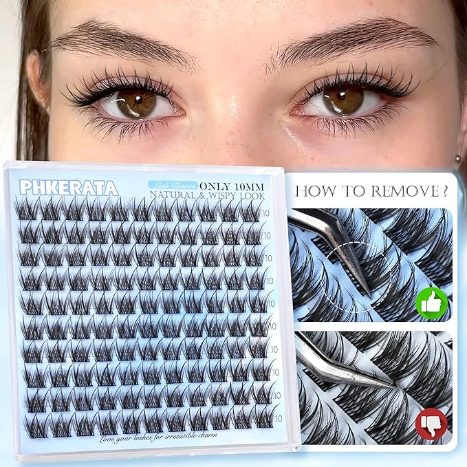PHKERATA 10mm Natural Eyelash Clusters Wispy Lash Clusters C Curly Cluster Eyelash Extensions DIY Individual Lashes Soft Lash Extension with Thin Band, 110 pcs