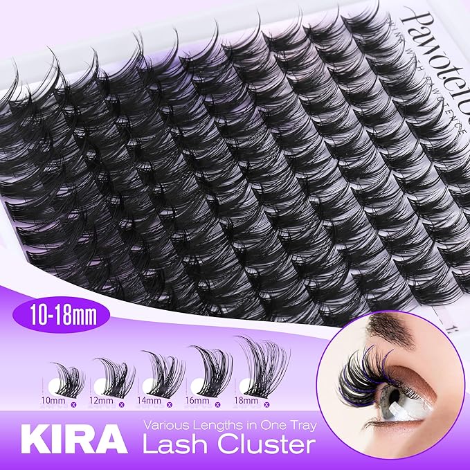 Pawotence Kira Lash Clusters Wispy Cluster Eyelash Extensions 10-18mm Individual Lashes Cluster Lashes Extension Soft Comfortable Eyelash Clusters with Thin Band for DIY at Home