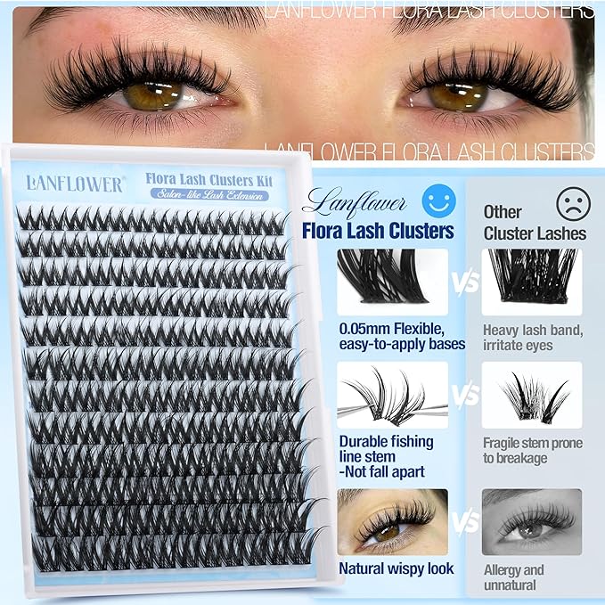 Flora Lash Clusters Kit Wispy Cluster Eyelash Extensions Natural Lash Extension Kit D Curly Fluffy Lashes Clusters Kit 10-18mm Eyelash Extension Kit Thin Band Individual Lashes by Lanflower