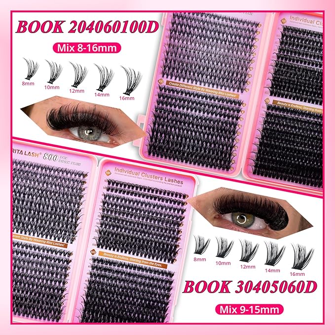 Lash Clusters Kit Eyelash Clusters Kit Cat Eye Lashes Large Pack Cluster Eyelash Extensions Lash Extension Kit PestaÃÂ±as Postizas Naturales with Lash Bond&Seal,Remover,Tweezers,Cleanser(Lash Kit-5)