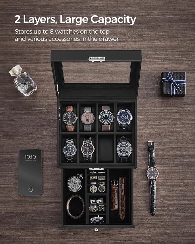 SONGMICS Watch Box, 8-Slot Watch Case Organizer with Large Glass Lid, 2 Layers, Removable Pillows, Metal Lock, Gift for Loved Ones, Black Synthetic Leather, Black Lining UJWB080B01