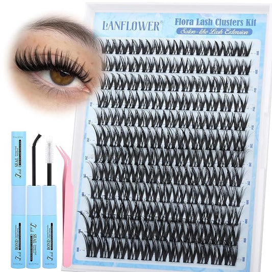Flora Lash Clusters Kit Wispy Cluster Eyelash Extensions Natural Lash Extension Kit CD Curl Eyelash Clusters Kit Manga Cluster Lashes Thin Band Individual Lashes by Lanflower