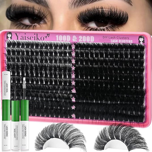 Yaiseiko Lash Clusters Kit 100D+200D Thick Volume Eyelash Clusters Kit 12-25mm Wispy Individual Lashes D Curl Long Cluster with Lash Bond and Seal Waterproof DIY Lash Extension Kit(KIT-280PCS)