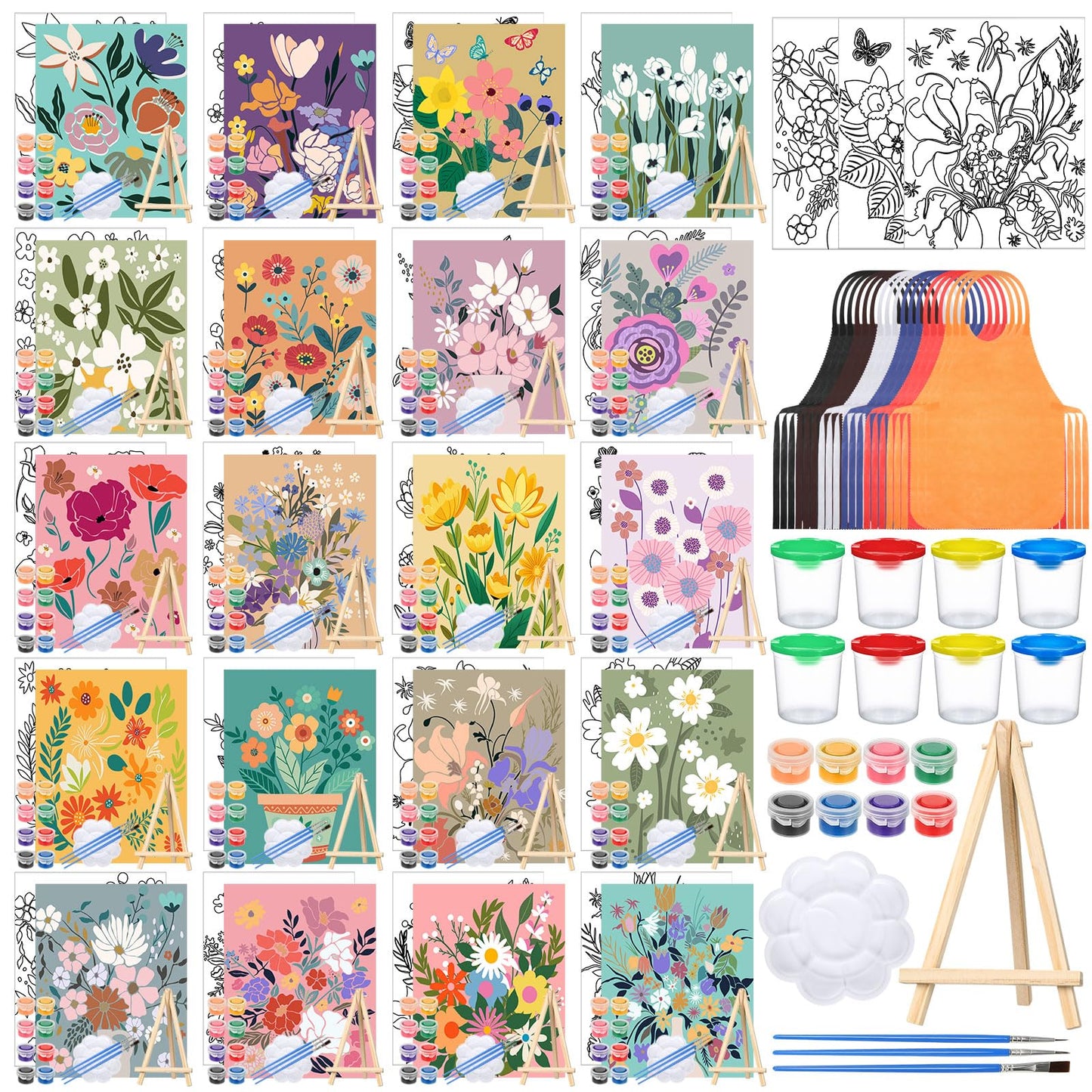 Sherr 140 Pcs 20 Set Pre Drawn Canvas Kit for Painting Craft Sip and Paint Kit for Adults Pre Printed Canvas Painting Favor for Virtual DIY Birthday Gifts Adult's Date Party(Flower)