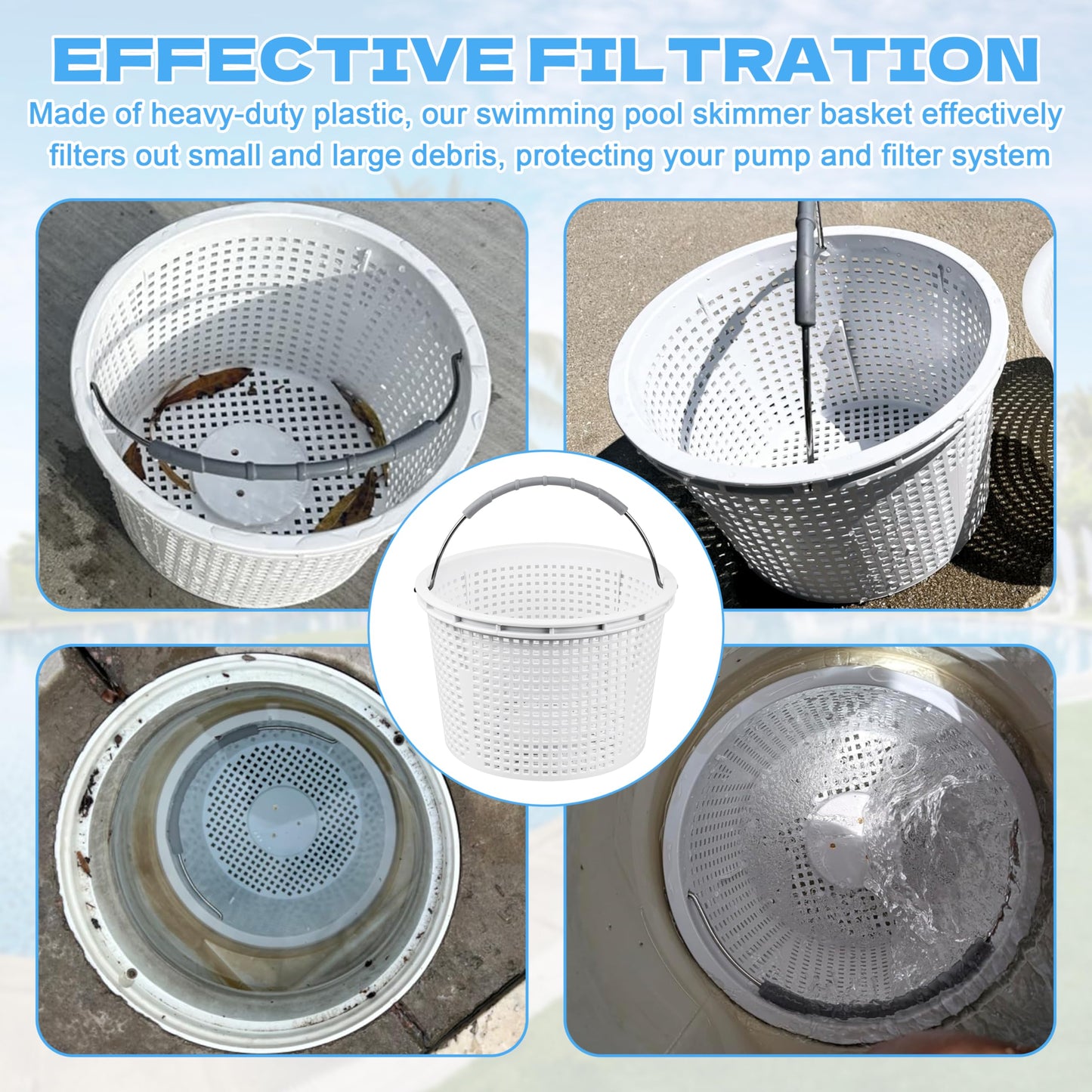 Seaiyomg 8" Pool Skimmer Basket Replacement for Pentair U-3 & Hayward SP1070 | Heavy-Duty Inground Pool Basket with Weighted Metal Base & 316 Stainless Steel Handle