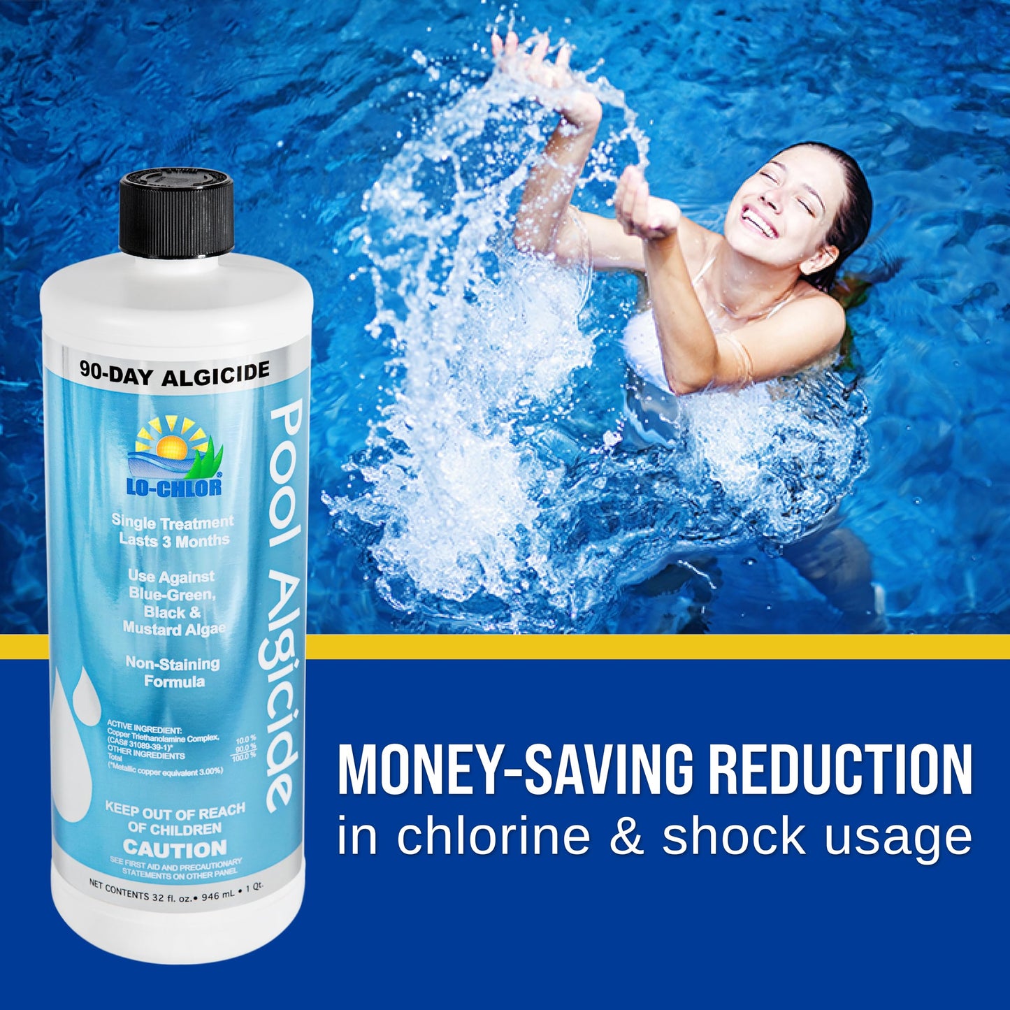 Lo-Chlor Pool Algaecide, 90-Day Single Treatment, Organo-Copper Complex, Black Mustard Green Algae Killer for Inground and Above Ground Swimming Pool, 32 oz, Treats 20,000 Gallons