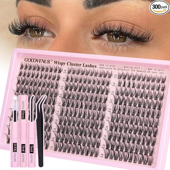 Goddvenus Lash Clusters Kit Wispy Eyelash Clusters Lashes Natural DIY Lash Extension Kit 10-16mm Cluster Eyelash Extensions Kit 300pcs C Curl Individual Lashes Cluster Eyelash (With Tweezers)