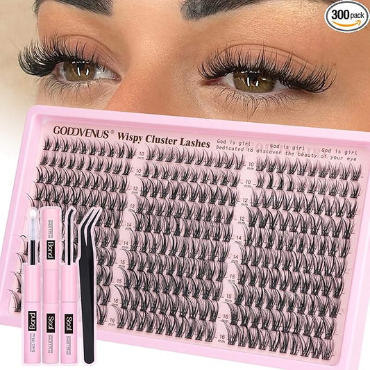 Goddvenus Lash Clusters Kit Wispy Eyelash Clusters Lashes Natural DIY Lash Extension Kit 10-16mm Cluster Eyelash Extensions Kit 300pcs C Curl Individual Lashes Cluster Eyelash (With Tweezers)