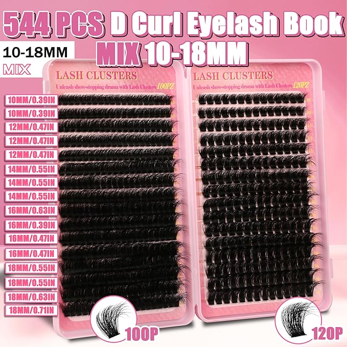 Cluster Eyelash Extensions Wispy Lash Clusters Kit 544Pcs Volume 100D 120D Eyelash Clusters D Curl Lashes Clusters DIY Individual Lashes Clusters Lash Cluster Glue Lash Tweezers
