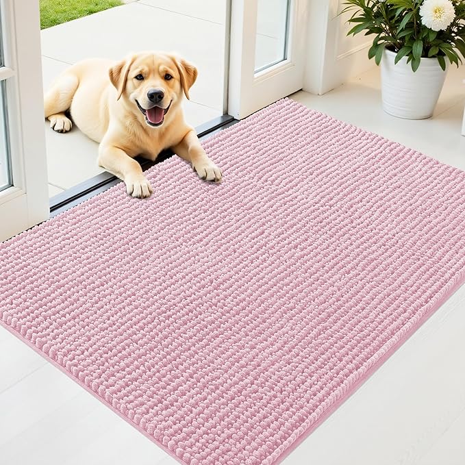 OLANLY Dog Door Mat for Muddy Paws 44x32, Ultra Absorbent Chenille Mud Doormat, Non-Slip Washable and Dirt Trapping Doormat for Indoor Entryway, Quick-Dry Indoor Pet Bed Mats for Dogs, Dusty Rose