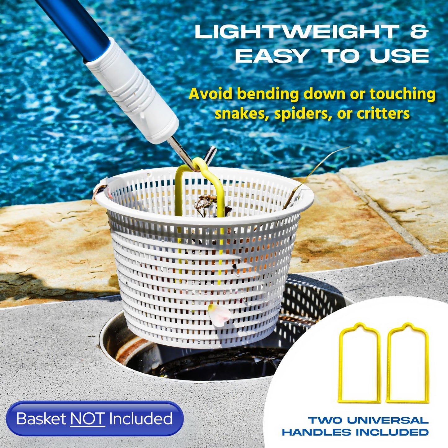 The Skimmie (Long Version) Pool Skimmer Net & Pole 53" with Stainless Steel Hook, Two Skimmer Basket Handles, Fine Mesh Net & Skimmie Dip - Hands-Free Removal of Debris, Bugs, Frogs, Small, Animals