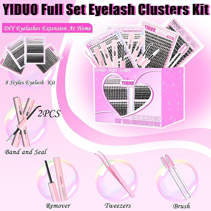 YIDUO Manga Lash Clusters Kit 40D+60D+80D+100 Fairy Spikes+Bottom Clusters Lashes Extensions Kit with 2X Bond and Seal 1094 Pcs 8-18mm Wispy Individual Eyelash Cluster Kit DIY at Home Easily