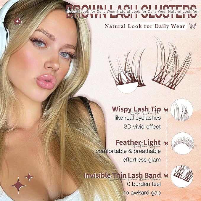 Brown Lash Clusters Natural Invisible Band Eyelash Clusters Wispy Brown Lashes Clusters 8-16mm Cluster Eyelash Extensions Natural Look DIY at Home for Everyday Wear by WTVANE