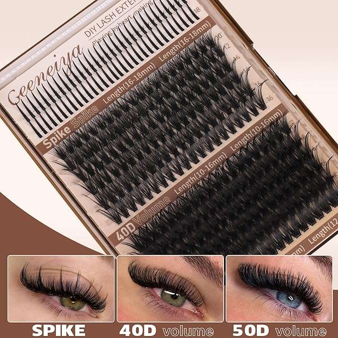 Geeneiya Volume Lash Clusters Kit with 16-18MM Spikes Eyelash Clusters 10-18MM DIY Lash Extension Kit D Cluster Eyelash Extensions Individual Lashes with Lash Bond and Seal, Tweezers for Beginners