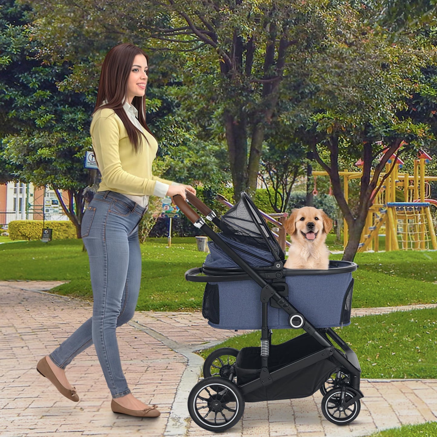 TODEFULL Pet Stroller with 4 Wheels, 3 in 1 Folding Puppy Strollers for Small/Medium Dogs Cats up to 50lbs, Lightweight Pet Travel Carrier with Detachable Cushion, Storage Basket and Cup Holder, Blue