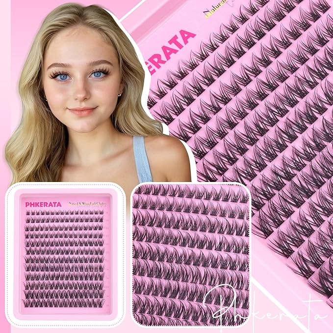 PHKERATA Wispy Lash Clusters Kit Natural Lash Extension Kit 192 pcs Cluster Eyelash Extension Kit DIY Individual Lashes Lashes with Lash Glue Bond and Seal Tweezers Soft Eyelash Clusters, 8-16 mm