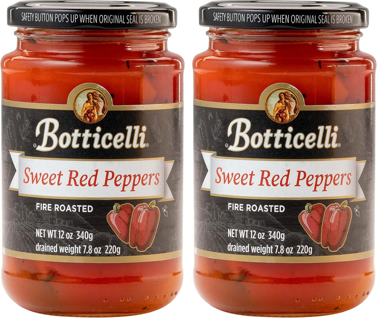 BOTTICELLI Fire Roasted Sweet Red Peppers, No Sugar Added,Gluten Free, Ready to Use, Rich & Smoky Flavor for Pasta, Sandwiches & Sauces (2-Pack, 12 oz Jars)