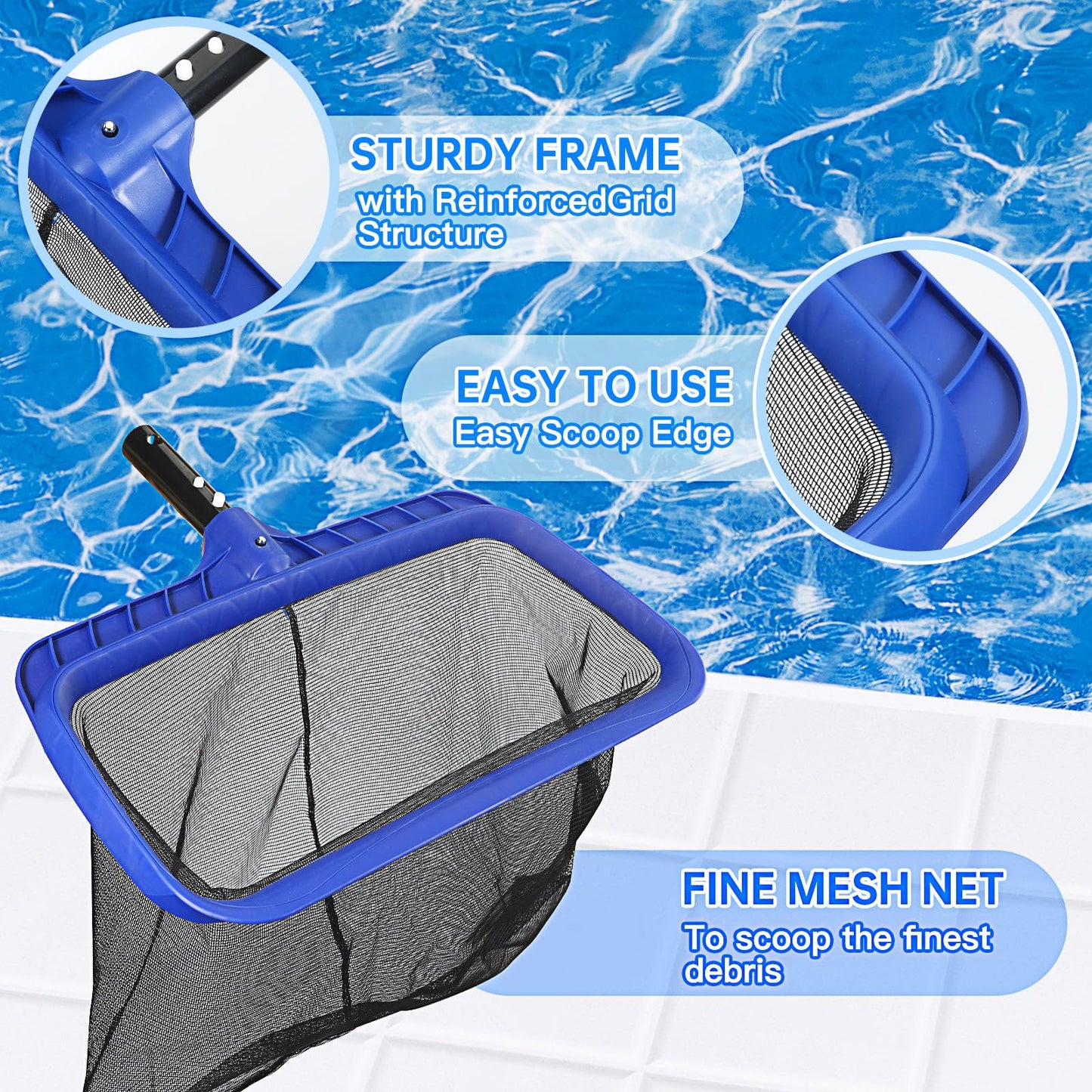 Pool Brush Head & Fine Mesh Pool Skimmer Kit，17" Pool Brushes for Cleaning Pool Wall， Reinforced Frame Pool Net Leaf Skimmer Cleaning Tool with Deep Fine Nylon Mesh Net Bag for Fast Cleaning