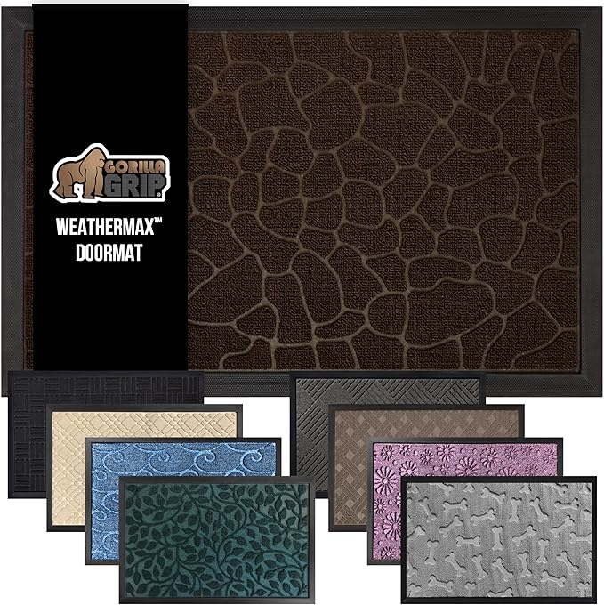 GORILLA GRIP 100% Waterproof All-Season WeatherMAX Doormat 35x23, US Designed Natural Rubber, Stain and Fade Resistant, Low Profile Indoor Outdoor Door Mats, Easy Clean Patio Mat, Dark Brown Pebble
