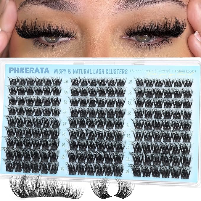 PHKERATA Fluffy Lash Clusters Wispy Eyelash Clusters Natural C Curl Cluster Eyelash Extensions Volume Individual Lashes DIY Eyelash Extension with Soft Thin Band, 10-16mm