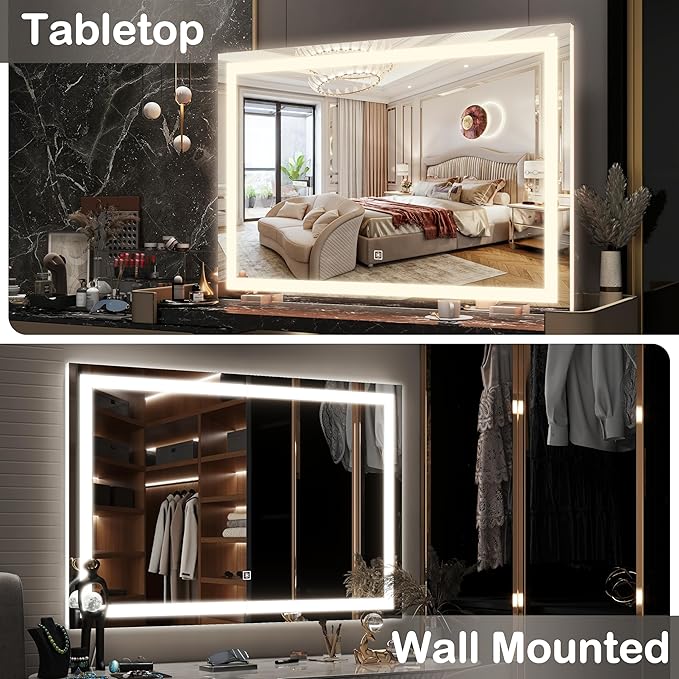 FENNIO Makeup Mirror with Lights 32"x22" ，LED Makeup Mirror ，Large Vanity Mirror with Lights，Touch Sensor with Dimmable 3 Modes, Square White