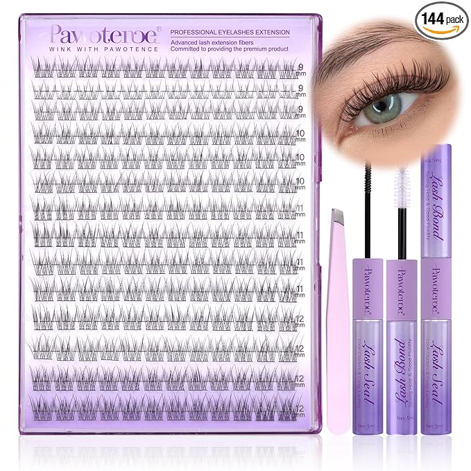 Pawotence Lash Extension Kit Wispy Lash Clusters Kit 9-12mm Natural Individual Lashes Kit 168pcs Cluster Eyelash Extension Kit with Lash Bond and Seal, Lash Applicator for Self Use