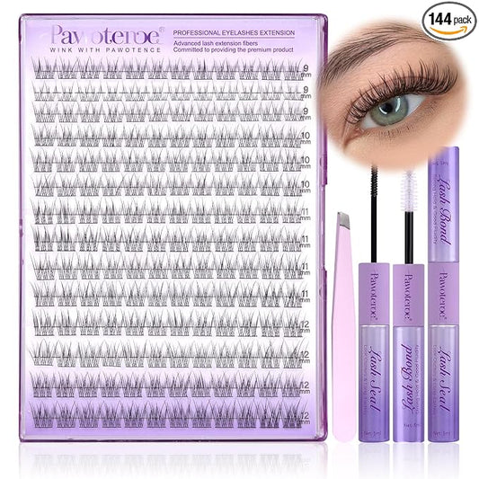 Pawotence Lash Extension Kit Wispy Lash Clusters Kit 9-12mm Natural Individual Lashes Kit 168pcs Cluster Eyelash Extension Kit with Lash Bond and Seal, Lash Applicator for Self Use