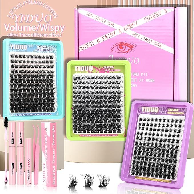YIDUO 3 Styles Lash Clusters Kit Bulk Packs with 2×Bond&Seal Volume/Manga/ultra/Dramatic Eyelash Extensions 8-18mm lashes Clusters Kit Wispy Individual Fake Eyelashes Kit DIY at Home Easily