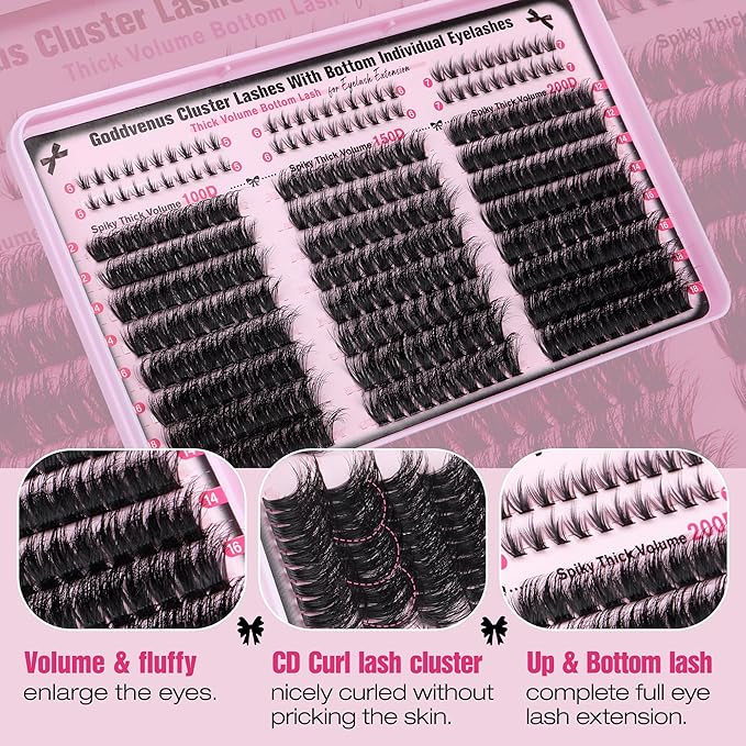 Goddvenus Lash Clusters Volume Cluster Eyelash Extensions D Curl Waterproof Individual Lashes 240pcs Fluffy Faux Mink Cluster Lashes and 60pcs Bottom Lashes for DIY Eyelash Extension