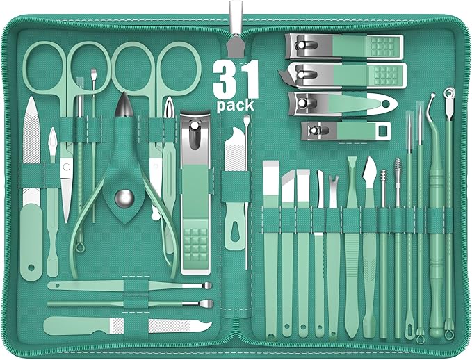Tseoa Manicure Set Personal Care, Nail Clipper Kit, Professional Nail Clipper Pedicure Set, Nail Tools with Luxurious Travel Case, Gifts for Men Women Family Friend, 31 Pieces (Green)