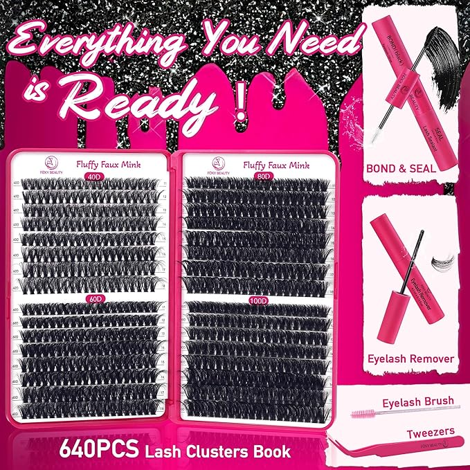 Lashes Fluffy Lash Clusters Thick Lash Clusters Kit Eyelash 640pcs Extension Kit False Eyelashes with Bond Seal Remover D Curl 80D100D 11-18mm