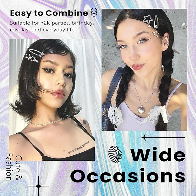 10PCS Star Hair Clips Y2K Silver Hair Clips Metal Star Barrettes 8 Shapes Pentagram Hair Snap Clips Punk Kawaii 2000s Hair Accessories for Women
