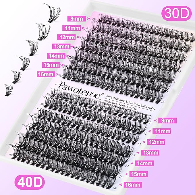 Pawotence Lash Extension Kit DIY 280pcs Lash Clusters Eyelash Extension Kit, 9-16mm 30D 40D Individual Lashes Kit with Lash Bond and Seal, Lash Tweezers for Self Use (30D&40D, 0.07D, 9-16mm, Kit)
