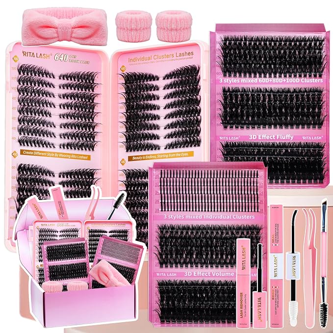 Lash Clusters Kit Eyelash Clusters Kit 3D Effect Cluster Eyelash Extensions Large Pack Cat Eye Lashes Clusters Lash Extension Kit PestaÃÂ±as Postizas Naturales+Lash Bond&Seal,Remover,Tools(Lash Kit-9)