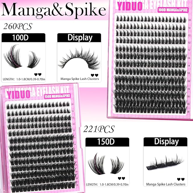 YIDUO Lash Clusters Kit 1021Pcs Volume Clusters Lashes Extensions with 2X Bond and Seal cat eye 50D/60D/80D + Manga 100D/150D Spikes Eyelash Cluster Kit 10-18mm Wispy Individual Lash DIY at Home