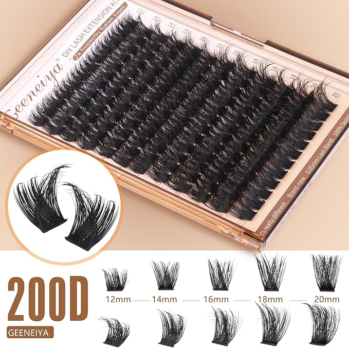 Geeneiya 200D Lash Clusters Kit Thick Lash Extension Kit 10-20mm Wispy Cluster Eyelash Extensions Individual Eyelashes Kit with Lash Bond and Seal DIY Lashes Applicator for Beginners